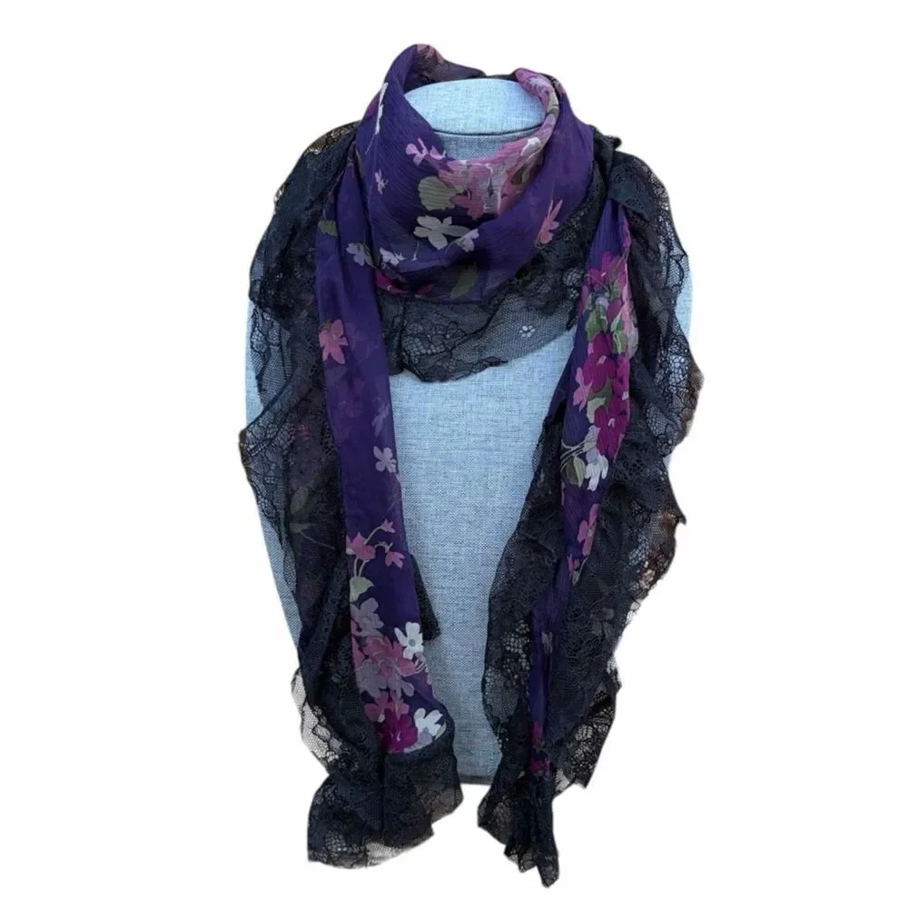 Ralph Lauren 100% Silk Black/Purple Floral & Lace Lightweight Scarf Romantic